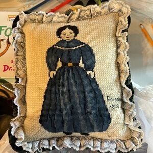 Victorian Woolwork Needlepoint of porcelain doll made into a pillow.